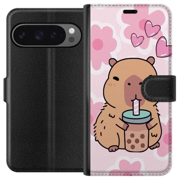Google Pixel 9 Pro XL Tegnebogsetui Kawaii Capybara Hjerte Anime Stil Sød Design Dyremotiv TikTok Populær Gave Pige