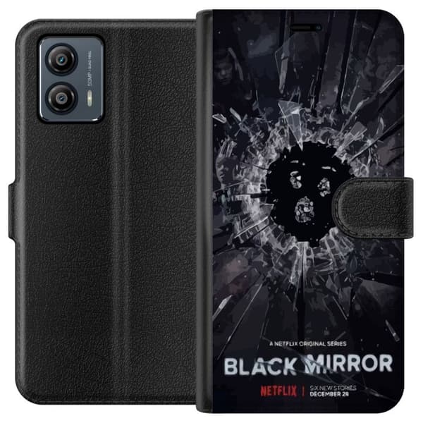 Motorola Moto G53 Lompakkokotelo Black Mirror Sci-Fi Netflix -sarja Dystopia Teknologia Cyberpunk Synkkä TV Videopeli Teema