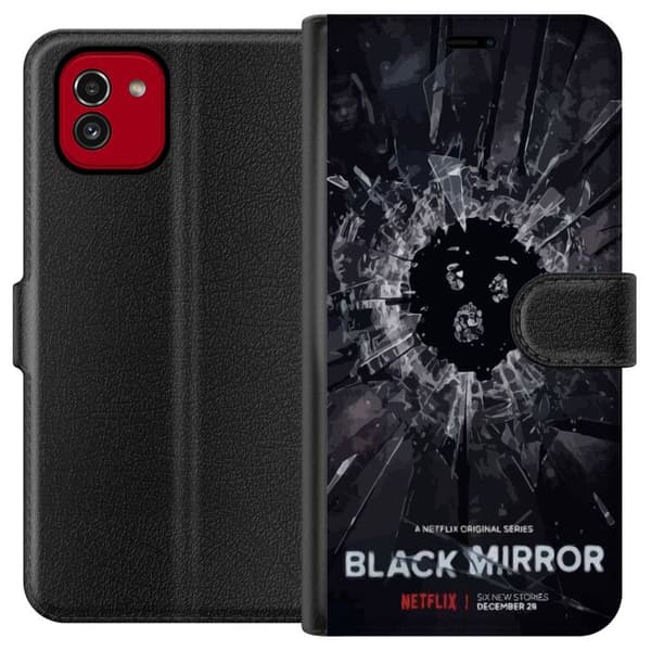 Samsung Galaxy A03 Plånboksfodral Black Mirror Sci-Fi Netflix Serie Dystopi Teknik Cyberpunk Mörkt TV Spelmotiv