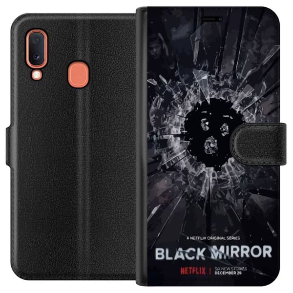 Samsung Galaxy A20e Lommeboketui Black Mirror Sci-Fi Netflix Serie Dystopi Teknologi Cyberpunk Mørkt TV Videospill Tema