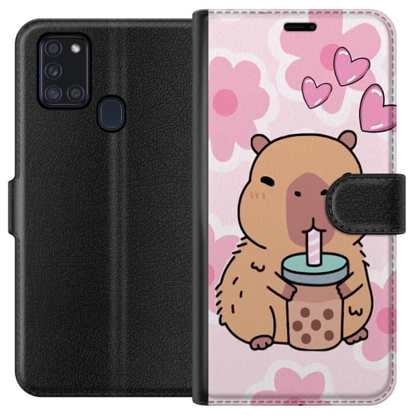 Samsung Galaxy A21s Tegnebogsetui Kawaii Capybara Hjerte Anime Stil Sød Design Dyremotiv TikTok Populær Gave Pige