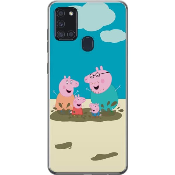 Samsung Galaxy A21s Gennemsigtig cover Greta Gris Familie Georg Mudderpøl Børnemotiv Serie Populær Børnekarakter Glæde