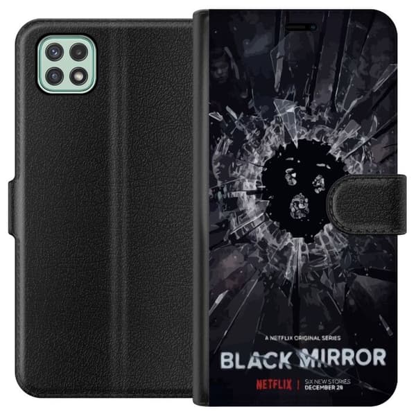 Samsung Galaxy A22 5G Lompakkokotelo Black Mirror Sci-Fi Netflix -sarja Dystopia Teknologia Cyberpunk Synkkä TV Videopeli Teema