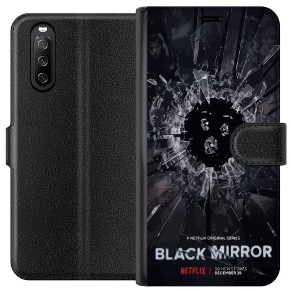 Sony Xperia 10 III Lompakkokotelo Black Mirror Sci-Fi Netflix -sarja Dystopia Teknologia Cyberpunk Synkkä TV Videopeli Teema