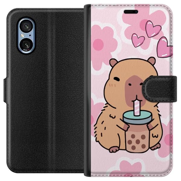 Sony Xperia 10 VI Plånboksfodral Kawaii Capybara Hjärtan Anime Stil Söt Design Djurmotiv TikTok Populärt Present Tjej