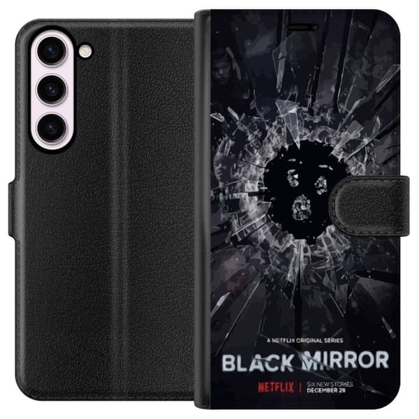 Samsung Galaxy S23+ Lompakkokotelo Black Mirror Sci-Fi Netflix -sarja Dystopia Teknologia Cyberpunk Synkkä TV Videopeli Teema