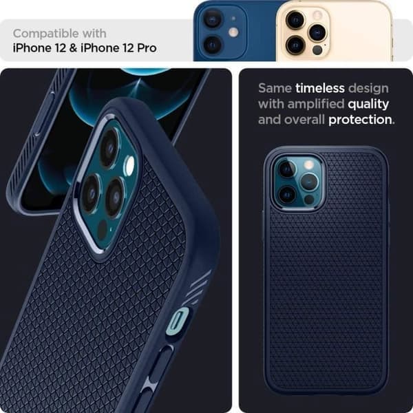 Skydd - Spigen - Liquid Air - Kompatibel med iPhone 12/12 Pro - Stötabsorberande - Marinblå silikon
