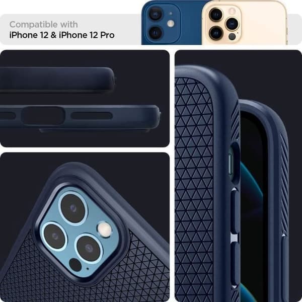 Skydd - Spigen - Liquid Air - Kompatibel med iPhone 12/12 Pro - Stötabsorberande - Marinblå silikon