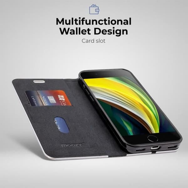 Moozy Flip-fodral för iPhone SE 2020, iPhone 7, iPhone 8, kolsvart - metalliskt kantskydd