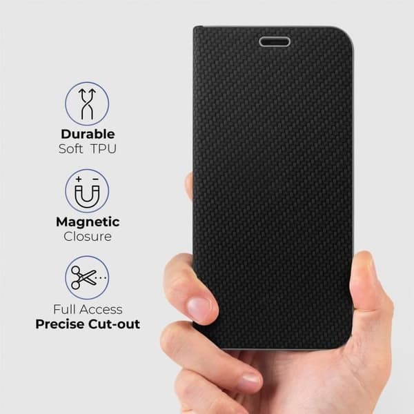 Moozy Flip-fodral för iPhone SE 2020, iPhone 7, iPhone 8, kolsvart - metalliskt kantskydd
