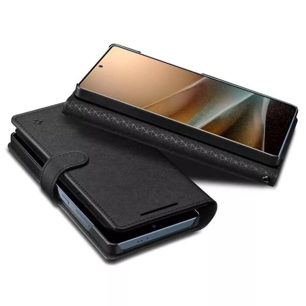 Coque Étui portefeuille - Spigen - S - Samsung Galaxy S25 Ultra - PU-läder - Svart - Magnetisk