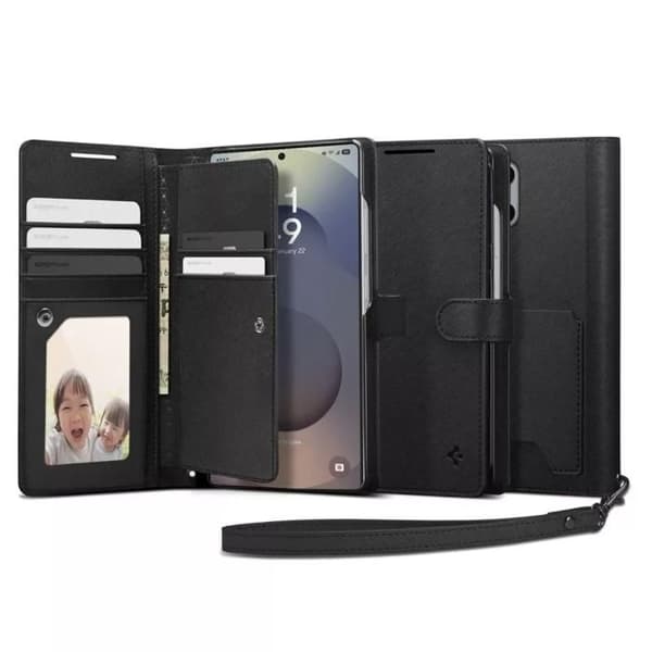 Coque Étui portefeuille - Spigen - S - Samsung Galaxy S25 Ultra - PU-läder - Svart - Magnetisk