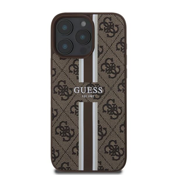 Coque för iPhone 16 Pro - Guess Hardcase 4G Randig Tryck MagSafe (GUHMP16LP4RPSW) - Brun