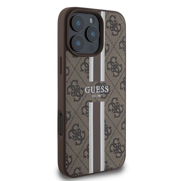 Coque för iPhone 16 Pro - Guess Hardcase 4G Randig Tryck MagSafe (GUHMP16LP4RPSW) - Brun