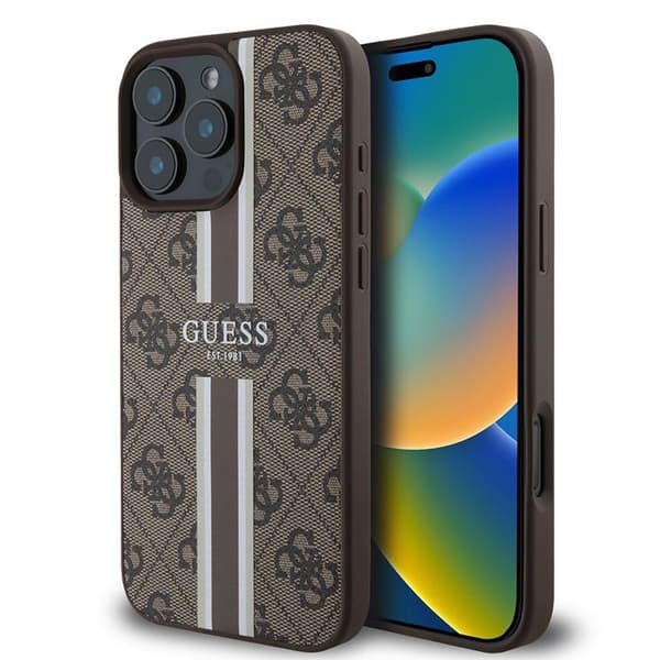 Coque för iPhone 16 Pro - Guess Hardcase 4G Randig Tryck MagSafe (GUHMP16LP4RPSW) - Brun