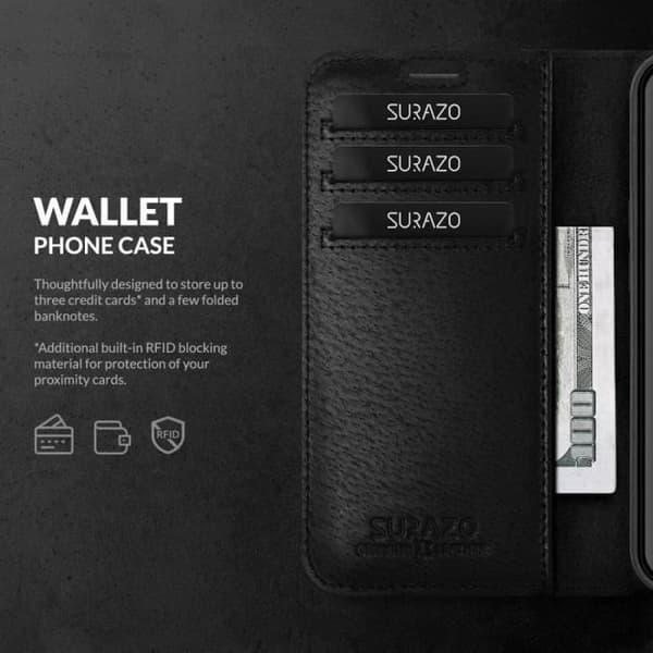 Skyddsfodral - SURAZO - Samsung Galaxy S21 - Äkta läder - RFID-skydd - Stödfunktion