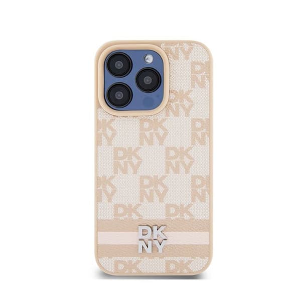DKNY Monomönster, rutigt läder och tryckta ränder - iPhone 15 Pro-fodral (rosa)