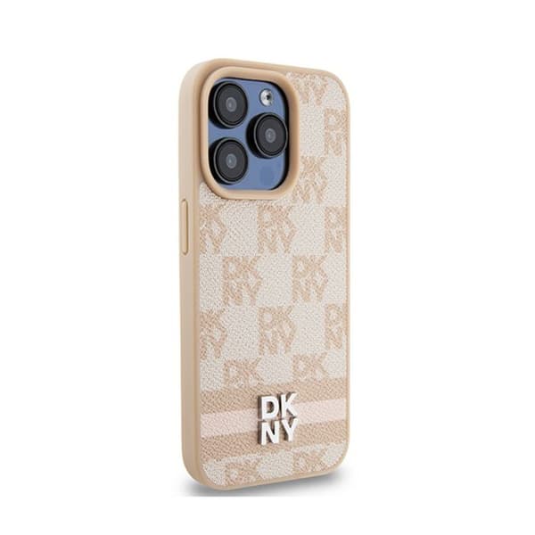 DKNY Monomönster, rutigt läder och tryckta ränder - iPhone 15 Pro-fodral (rosa)