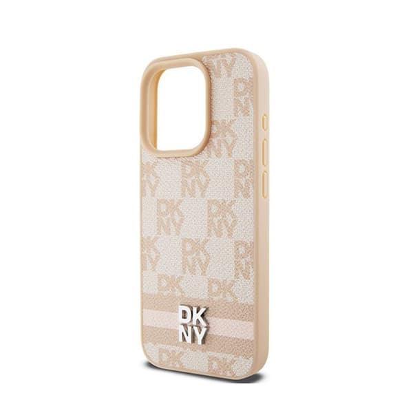DKNY Monomönster, rutigt läder och tryckta ränder - iPhone 15 Pro-fodral (rosa)