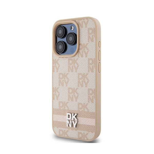 DKNY Monomönster, rutigt läder och tryckta ränder - iPhone 15 Pro-fodral (rosa)