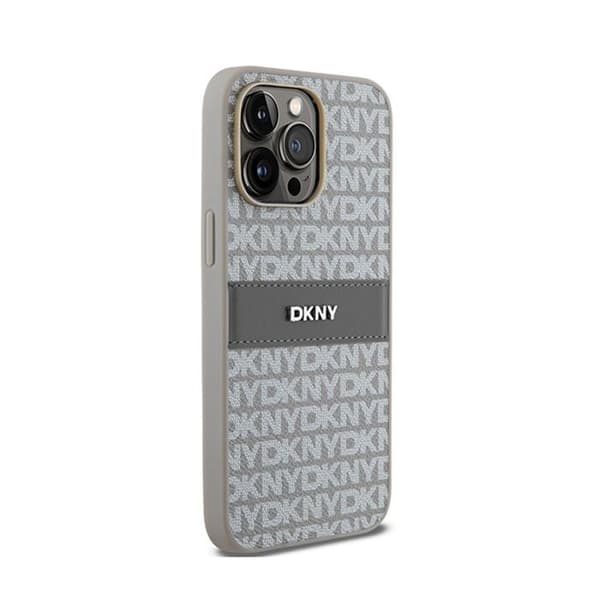DKNY Leather Mono Stripe & Metal Logo - iPhone 14 Pro Fodral (beige)