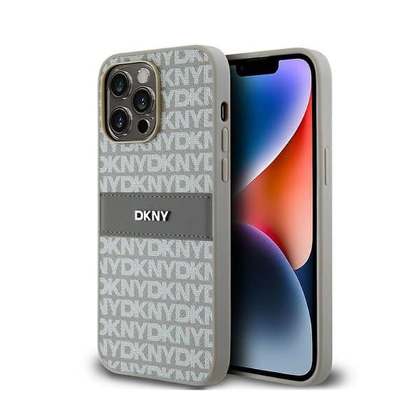 DKNY Leather Mono Stripe &amp; Metal Logo - iPhone 14 Pro Fodral (beige)