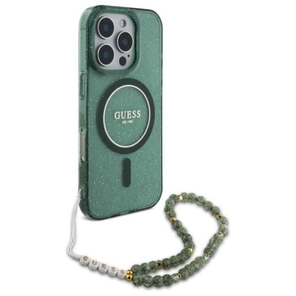 Coque Guess IML Glitter med pärlarmband MagSafe för iPhone 16 Pro Max (grön)