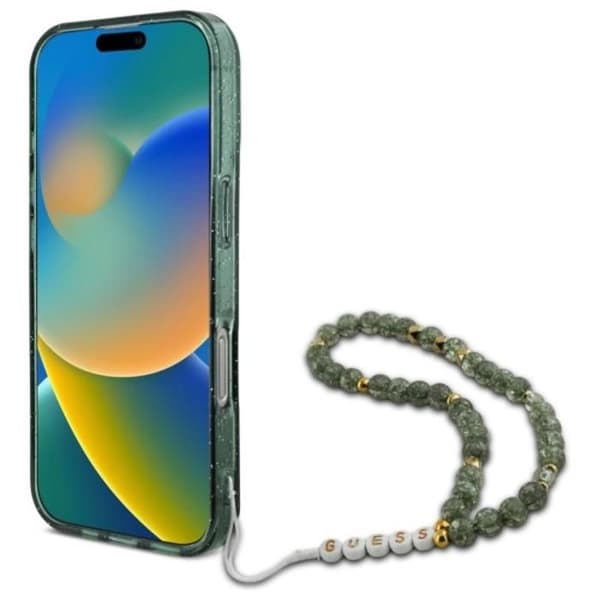 Coque Guess IML Glitter med pärlarmband MagSafe för iPhone 16 Pro Max (grön)