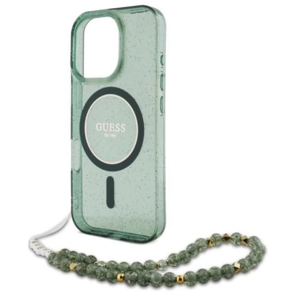 Coque Guess IML Glitter med pärlarmband MagSafe för iPhone 16 Pro Max (grön)