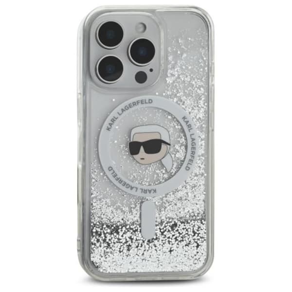 Coque för iPhone 16 Pro - Karl Lagerfeld Liquid Glitter MagSafe (KLHMP16LLLLGKISGH) - Transparent Karl-huvud