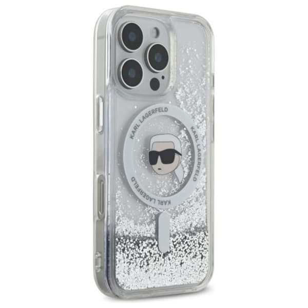 Coque för iPhone 16 Pro - Karl Lagerfeld Liquid Glitter MagSafe (KLHMP16LLLLGKISGH) - Transparent Karl-huvud