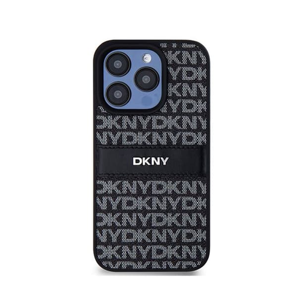 DKNY Leather Mono Stripe & Metal Logo - iPhone 15 Pro Fodral (svart)