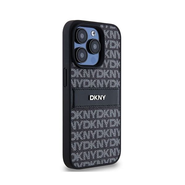 DKNY Leather Mono Stripe & Metal Logo - iPhone 15 Pro Fodral (svart)