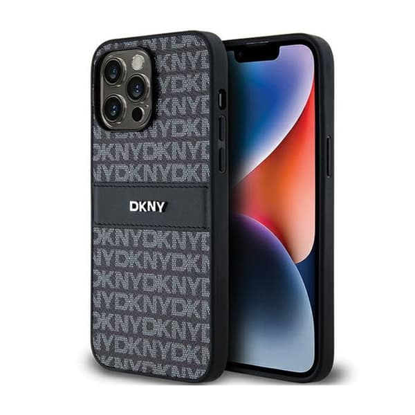 DKNY Leather Mono Stripe &amp; Metal Logo - Fodral för iPhone 14 Pro Max (svart)
