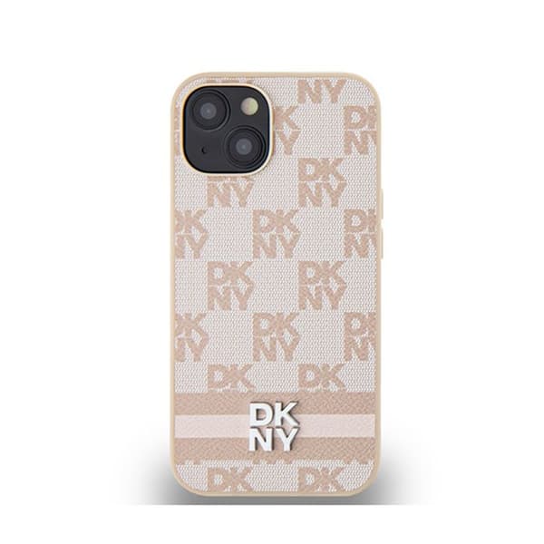 DKNY Läderrutiga monomönster och ränder - Fodral för iPhone 14/15/13 (rosa)