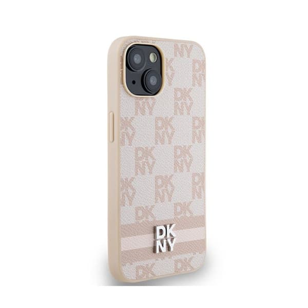 DKNY Läderrutiga monomönster och ränder - Fodral för iPhone 14/15/13 (rosa)