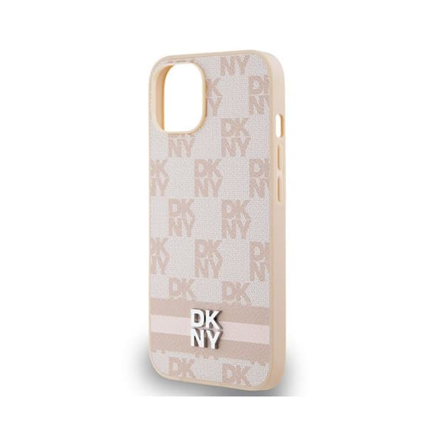 DKNY Läderrutiga monomönster och ränder - Fodral för iPhone 14/15/13 (rosa)