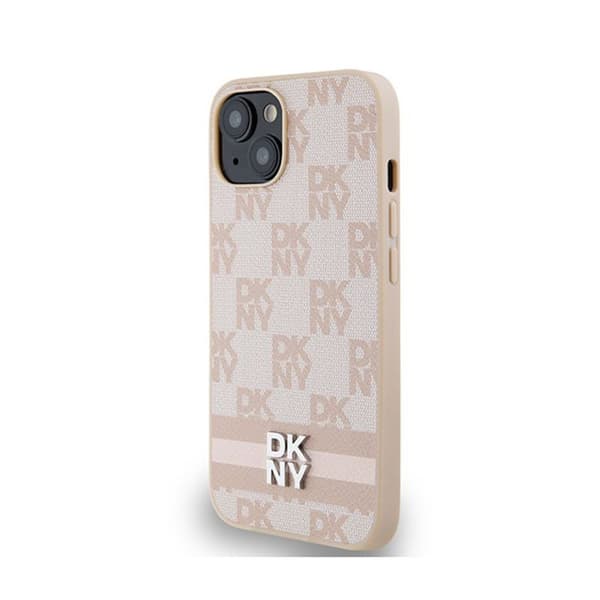 DKNY Läderrutiga monomönster och ränder - Fodral för iPhone 14/15/13 (rosa)