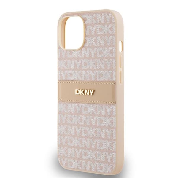 Coque för iPhone 14 – DKNY i läder med monokroma ränder och metalllogotyp (DKHCP14SPRTHSLP) – Rosa