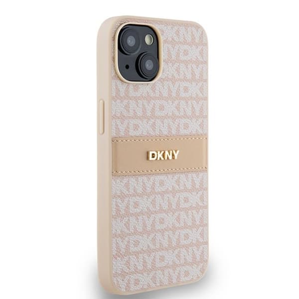 Coque för iPhone 14 – DKNY i läder med monokroma ränder och metalllogotyp (DKHCP14SPRTHSLP) – Rosa
