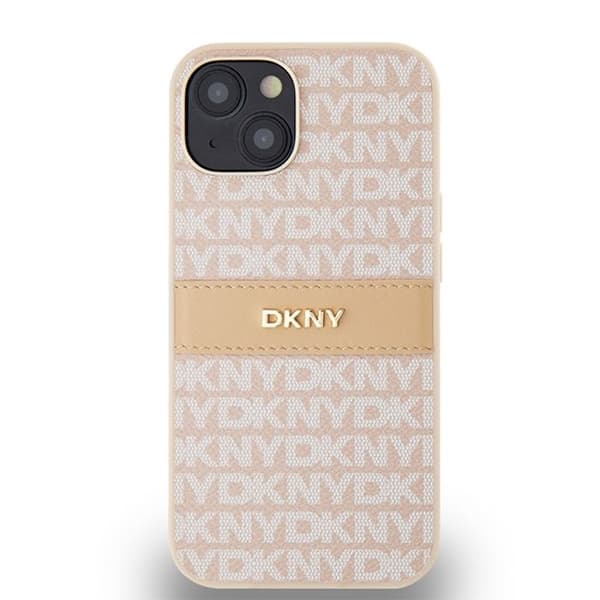 Coque för iPhone 14 – DKNY i läder med monokroma ränder och metalllogotyp (DKHCP14SPRTHSLP) – Rosa