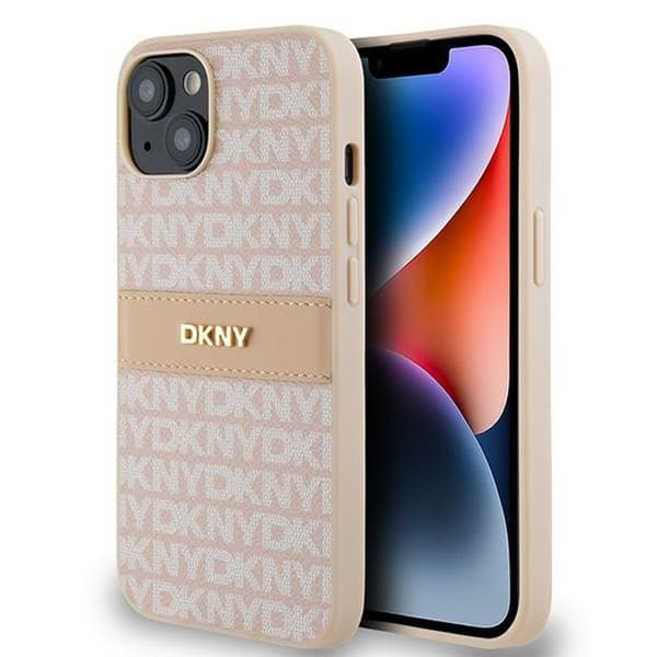Coque för iPhone 14 – DKNY i läder med monokroma ränder och metalllogotyp (DKHCP14SPRTHSLP) – Rosa
