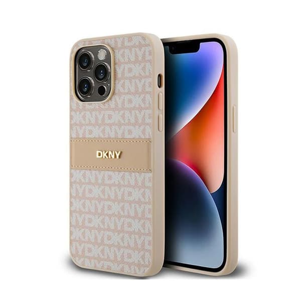 DKNY Leather Mono Stripe & Metal Logo - iPhone 14 Pro Fodral (Rosa)
