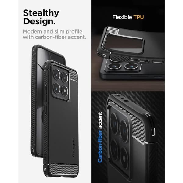Coque - Spigen - Rugged Armor - Kompatibel med Xiaomi 14T Pro - Stötabsorberande - Kolfiberdesign - Matt Svart