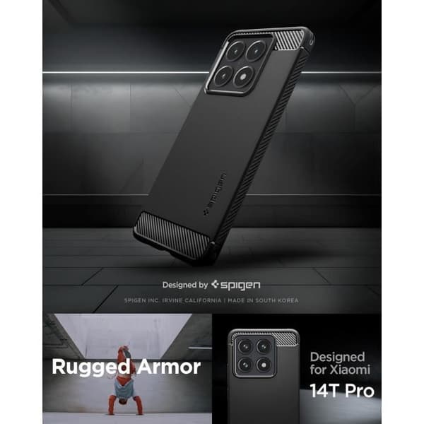 Coque - Spigen - Rugged Armor - Kompatibel med Xiaomi 14T Pro - Stötabsorberande - Kolfiberdesign - Matt Svart