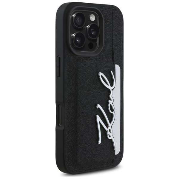 iPhone 16 Pro Max-fodral – Hårdt læderetui med kortfane fra Karl Lagerfeld (KLHCP16XPGPVKSK) – Metal signatur