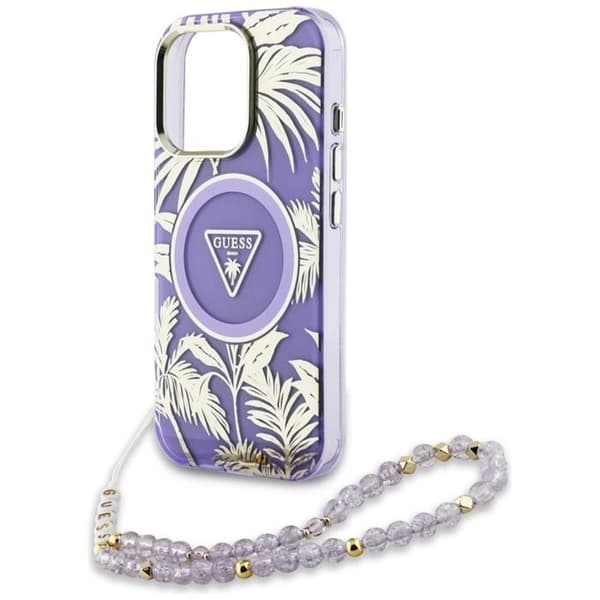 Coque för iPhone 16 Pro Max - Guess IML Palms Triangel med Perldekor MagSafe (GUHMP16XHPCTPLSU) - Lila
