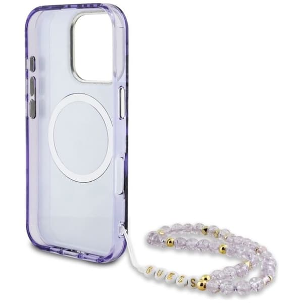 Coque för iPhone 16 Pro Max - Guess IML Palms Triangel med Perldekor MagSafe (GUHMP16XHPCTPLSU) - Lila