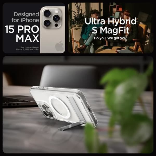 Spigen Magnetisk Fodral för iPhone 15 Pro Max Kickstand i Bakre PC och TPU Bumper Ultra Hybrid S MagFit - Transparent