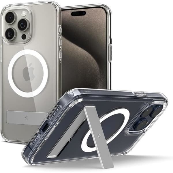 Spigen Magnetisk Fodral för iPhone 15 Pro Max Kickstand i Bakre PC och TPU Bumper Ultra Hybrid S MagFit - Transparent